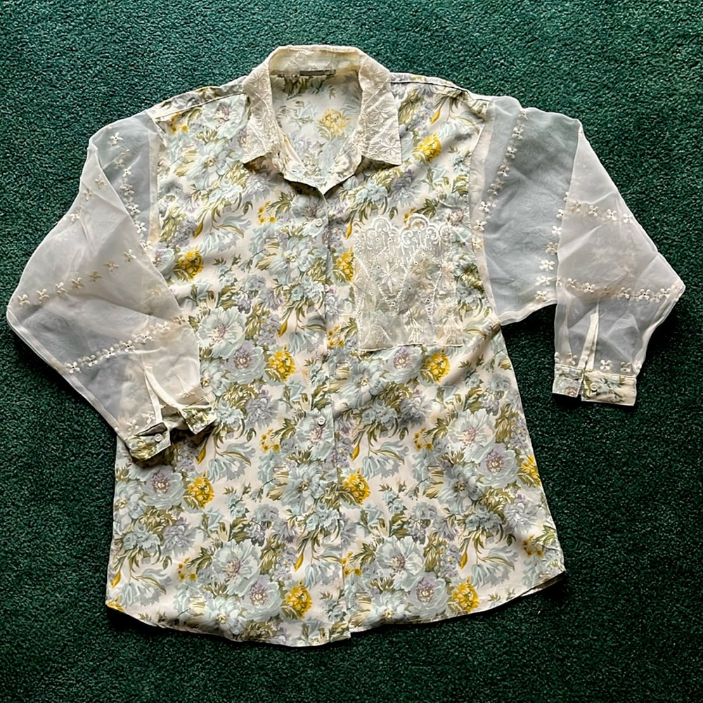 Vintage Floral Button-Down with Transparent Sleeves